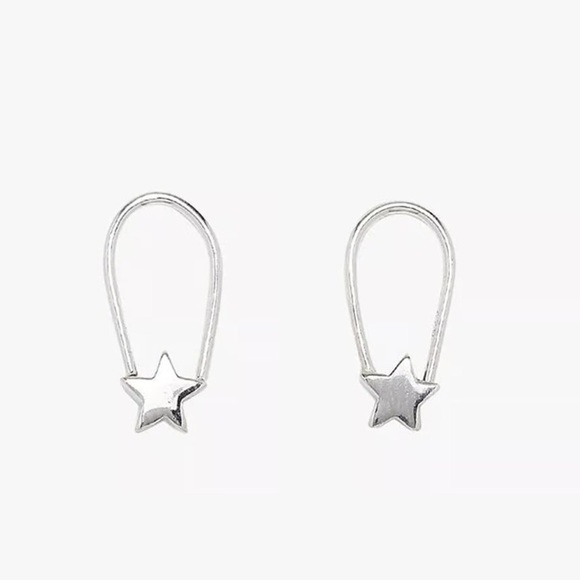 Silver Star Hoop Earrings Dainty Safety Pin Star Silver 925 - Picture 3 of 6